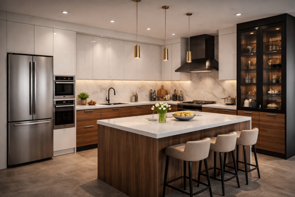 Modern 3D modular kitchen design with island – Classic Modular Kitchen